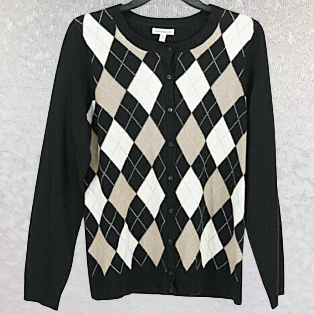Croft & Barrow Argyle Cardigan Sweater Black/White/Tan Classic Button-Down Sz M